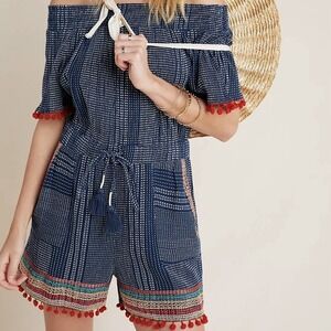 Anthropologie Navy Blue Off-Shoulder Romper with Red Pom Trim